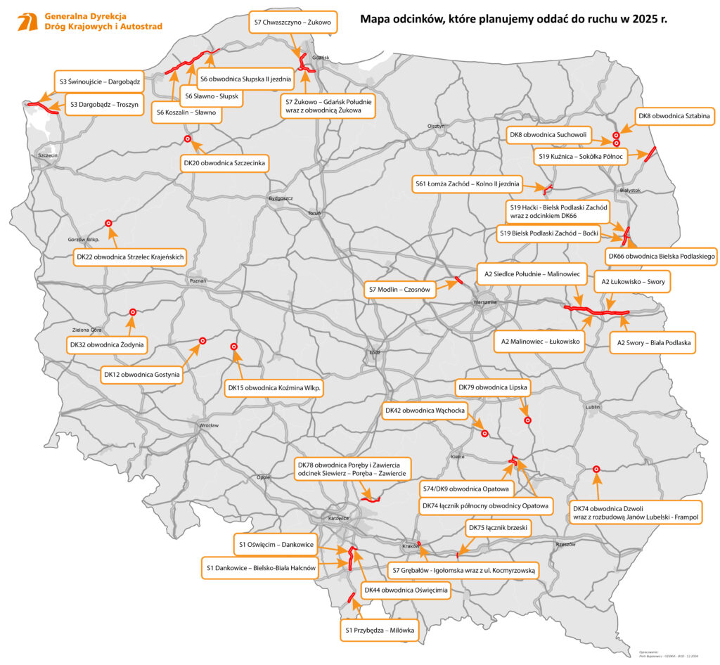 mapa nowe drogi Polska 2025
