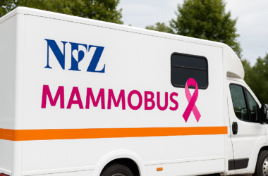 Mobilna pracownia mammograficzna typu mammobus zaparkowana na tle miejskiego budynku. Na pojeździe profesjonalnie rozmieszczono logo NFZ, różową wstążkę symbolizującą walkę z rakiem piersi oraz napis "Mammobus". Całość prezentuje się jak estetyczny projekt wykonany przez agencję reklamową.