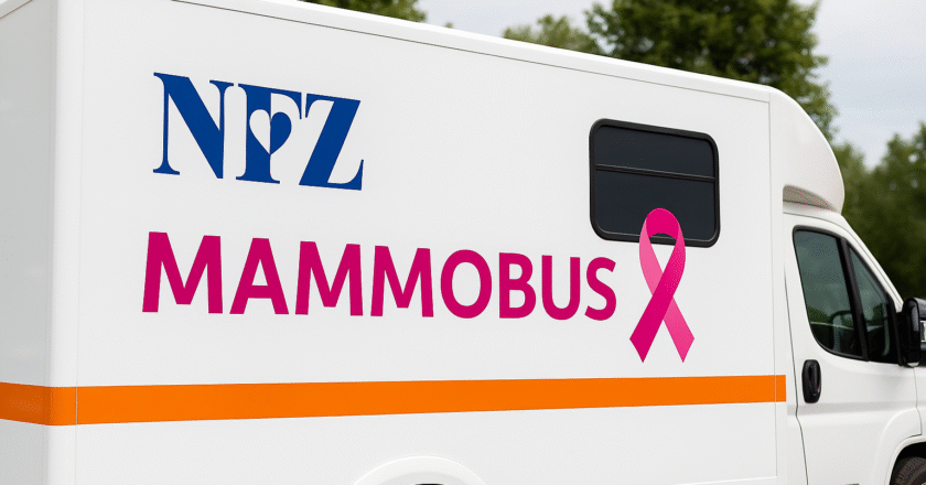 Mobilna pracownia mammograficzna typu mammobus zaparkowana na tle miejskiego budynku. Na pojeździe profesjonalnie rozmieszczono logo NFZ, różową wstążkę symbolizującą walkę z rakiem piersi oraz napis "Mammobus". Całość prezentuje się jak estetyczny projekt wykonany przez agencję reklamową.