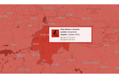 Mapa pogodowa z zaznaczonym powiatem oświęcimskim objętym ostrzeżeniem 3. stopnia o silnych opadach deszczu z burzami (prawdopodobieństwo 80%), obowiązującym od 27 lipca 2025 godz. 08:00 do 28 lipca 2025 godz. 12:00. Obszar w intensywnie czerwonym kolorze symbolizującym najwyższy poziom zagrożenia pogodowego.