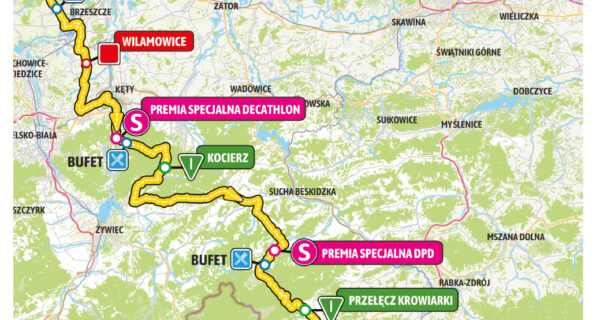 Mapa 5. etapu Tour de Pologne 2025 z Katowic do Zakopanego. Zaznaczono start honorowy, start ostry, metę, bufety, premie specjalne i górskie oraz przebieg trasy przez Mysłowice, Wilamowice, Kocierz, Przełęcz Krowiarki i Czarny Dunajec.