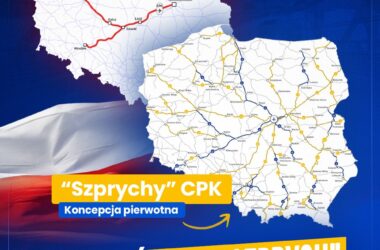 Infografika porównująca obecny plan kolejowy rządu („Linia Y”) z pierwotną koncepcją Centralnego Portu Komunikacyjnego („szprychy” CPK). U góry mapa Polski z zaznaczoną czerwoną linią Y łączącą Warszawę, Łódź, Kalisz, Poznań i Wrocław. Na dole mapa z siecią „szprych” CPK obejmującą cały kraj. Pod mapami napis: „Przywrócenie szprych – CPK jako nowej sieci transportu kolejowego” na tle biało-czerwonej flagi.