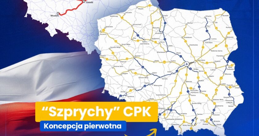 Infografika porównująca obecny plan kolejowy rządu („Linia Y”) z pierwotną koncepcją Centralnego Portu Komunikacyjnego („szprychy” CPK). U góry mapa Polski z zaznaczoną czerwoną linią Y łączącą Warszawę, Łódź, Kalisz, Poznań i Wrocław. Na dole mapa z siecią „szprych” CPK obejmującą cały kraj. Pod mapami napis: „Przywrócenie szprych – CPK jako nowej sieci transportu kolejowego” na tle biało-czerwonej flagi.