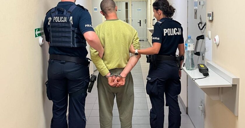 Dwóch policjantów – kobieta i mężczyzna – prowadzi skute kajdankami mężczyznę korytarzem w budynku komendy Policji. Funkcjonariusze idą obok zatrzymanego, który ma ręce skute