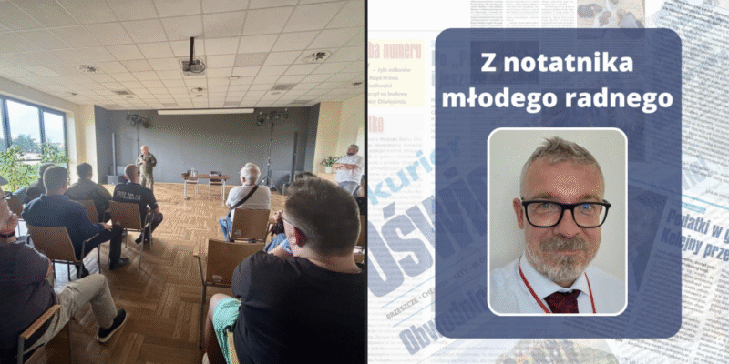 Paweł Plinta radny miasta Oświęcim na spotkaniu z mieszkańcami Zasola ws. problemów z turystami z Auschwitz