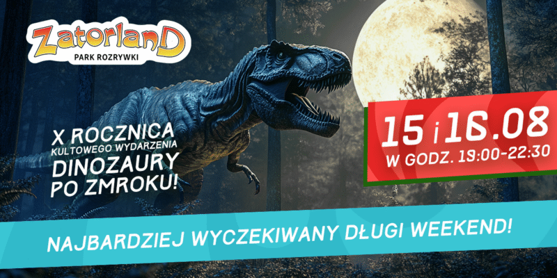 Już w najbliższy długi weekend, 15 i 16 sierpnia, Zatorland zaprasza na jubileuszową, 10. edycję wyjątkowego wydarzenia "Dinozaury po zmroku". Po zachodzie słońca, w godzinach od 19:00 do 22:30, największy w Europie Park Ruchomych Dinozaurów oraz lunapark rozbłysną tysiącami świateł, tworząc niepowtarzalną, magiczną atmosferę. Jubileusz uświetni spektakularny pokaz laserów.