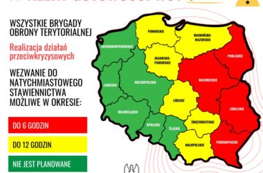 Mapa Polski z zaznaczonymi województwami objętymi alertem gotowości WOT z 10 września 2025 r. Województwa w kolorze czerwonym (Podlaskie, Mazowieckie, Lubelskie, Podkarpackie) – gotowość do 6 godzin. Województwa w kolorze żółtym – gotowość do 12 godzin. Zielone – brak planów stawiennictwa.