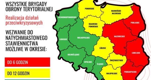 Mapa Polski z zaznaczonymi województwami objętymi alertem gotowości WOT z 10 września 2025 r. Województwa w kolorze czerwonym (Podlaskie, Mazowieckie, Lubelskie, Podkarpackie) – gotowość do 6 godzin. Województwa w kolorze żółtym – gotowość do 12 godzin. Zielone – brak planów stawiennictwa.