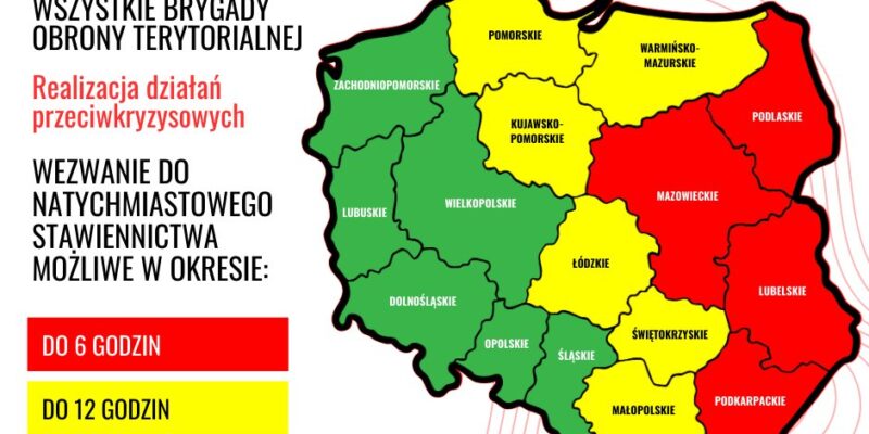 Mapa Polski z zaznaczonymi województwami objętymi alertem gotowości WOT z 10 września 2025 r. Województwa w kolorze czerwonym (Podlaskie, Mazowieckie, Lubelskie, Podkarpackie) – gotowość do 6 godzin. Województwa w kolorze żółtym – gotowość do 12 godzin. Zielone – brak planów stawiennictwa.