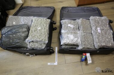 Dwie otwarte walizki stojące na podłodze, wypełnione szczelnie zapakowanymi w foliowe worki dużymi ilościami suszu roślinnego zabezpieczonego przez służby. Widoczne pakunki są ułożone warstwowo, a obok jednej z walizek leży znacznik pomiarowy Straży Granicznej.