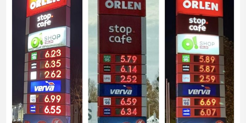 Trzy pylony cenowe stacji Orlen w różnych miastach – po lewej w Oświęcimiu, w środku w Pszczynie, po prawej w Jaworznie. Widoczne różnice w cenach paliw: w Oświęcimiu benzyna 95 kosztuje 6,23 zł, w Pszczynie 5,79 zł, a w Jaworznie 5,89 zł.