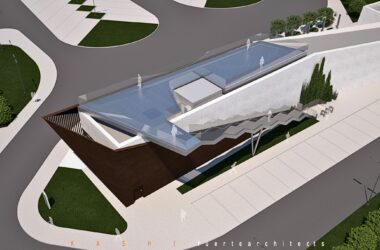 Wizualizacja tarasu widokowego na dachu Centrum Obsługi Turystów w Brzezince. Nowoczesna, geometryczna konstrukcja z przeszklonymi barierami pozwala odwiedzającym podziwiać z góry teren byłego obozu Auschwitz II-Birkenau. Widać schody prowadzące na taras, minimalistyczną bryłę budynku oraz otaczające go alejki i zieleń.