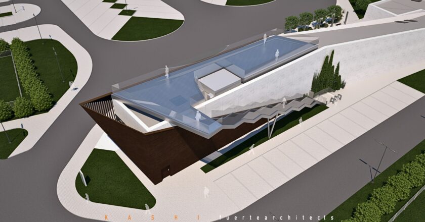 Wizualizacja tarasu widokowego na dachu Centrum Obsługi Turystów w Brzezince. Nowoczesna, geometryczna konstrukcja z przeszklonymi barierami pozwala odwiedzającym podziwiać z góry teren byłego obozu Auschwitz II-Birkenau. Widać schody prowadzące na taras, minimalistyczną bryłę budynku oraz otaczające go alejki i zieleń.