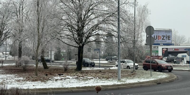 Odsłonięty Skwer Praw Kobiet w Oświęcimiu z czerwoną wstęgą na tabliczce, widok na rondo i zimowy krajobraz