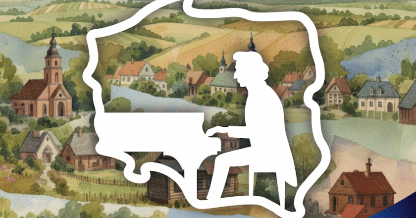 Plakat wydarzenia „Cała Polska gra Chopina z Fundacją PZU” organizowanego w Muzeum Pamięci Mieszkańców Ziemi Oświęcimskiej. Grafika przedstawia kontur Polski z sylwetką pianisty grającego na fortepianie na tle akwarelowego pejzażu. Na plakacie znajdują się informacje o koncercie 23 listopada 2025 r., wykonawcach oraz logotypy organizatorów i partnerów.