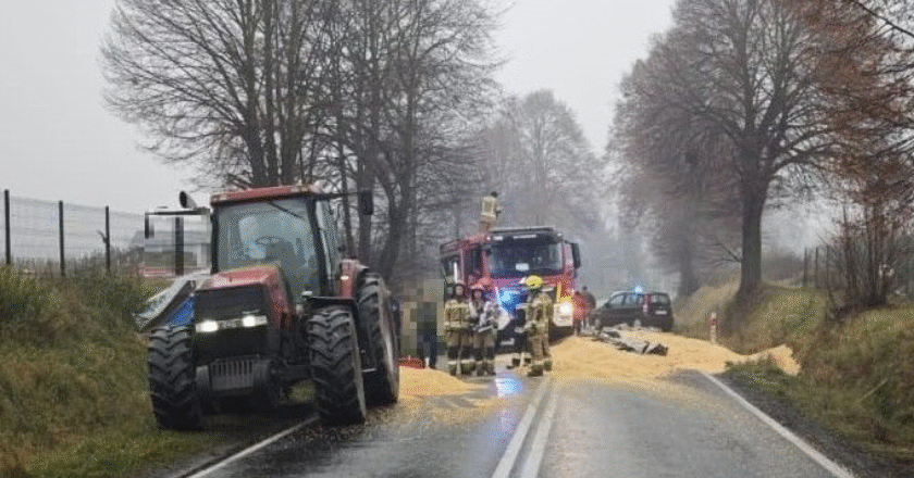 Strażacy i policjanci zabezpieczają miejsce zdarzenia na DK44 w Przeciszowie, gdzie z przyczepy traktora wysypała się kukurydza, blokując oba pasy ruchu.