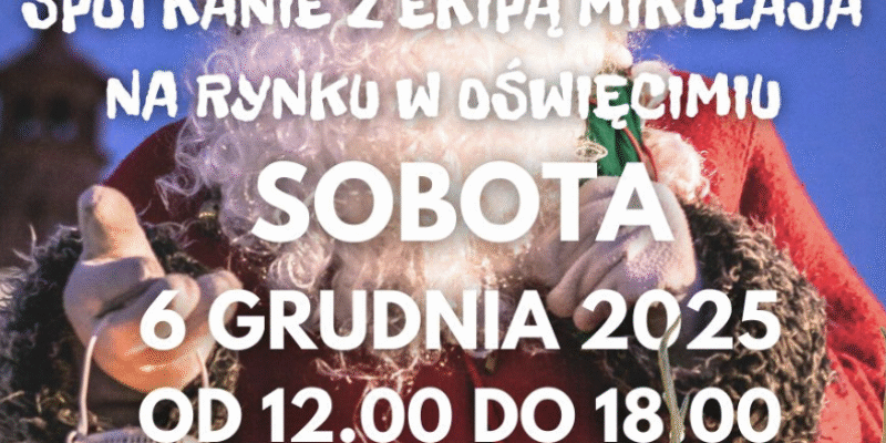 Plakat wydarzenia miejskiego przedstawiający św. Mikołaja w czerwonym stroju, trzymającego lampion. Po prawej stronie widać renifera. Na plakacie znajdują się informacje o spotkaniu ze św. Mikołajem na rynku w Oświęcimiu 6 grudnia 2025 roku, w godzinach od 12:00 do 18:00, z zapowiedzią żywych reniferów i wspólnego zapalenia miejskiej choinki o godz. 16:00.