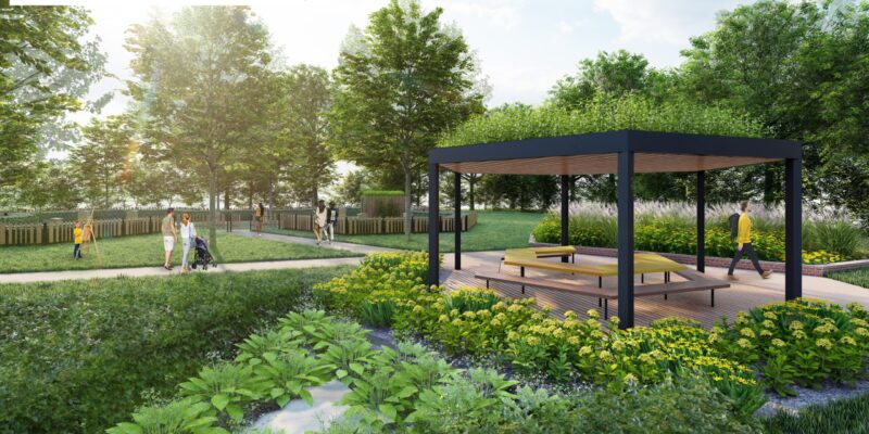 Wizualizacja Ogrodu Miodowego w parku lipowym w Kętach – zielona przestrzeń rekreacyjna z altaną, ławkami, ścieżkami spacerowymi i nasadzeniami roślin miododajnych, zaprojektowana w ramach parków kieszonkowych.