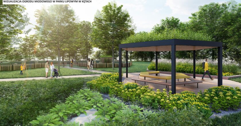 Wizualizacja Ogrodu Miodowego w parku lipowym w Kętach – zielona przestrzeń rekreacyjna z altaną, ławkami, ścieżkami spacerowymi i nasadzeniami roślin miododajnych, zaprojektowana w ramach parków kieszonkowych.