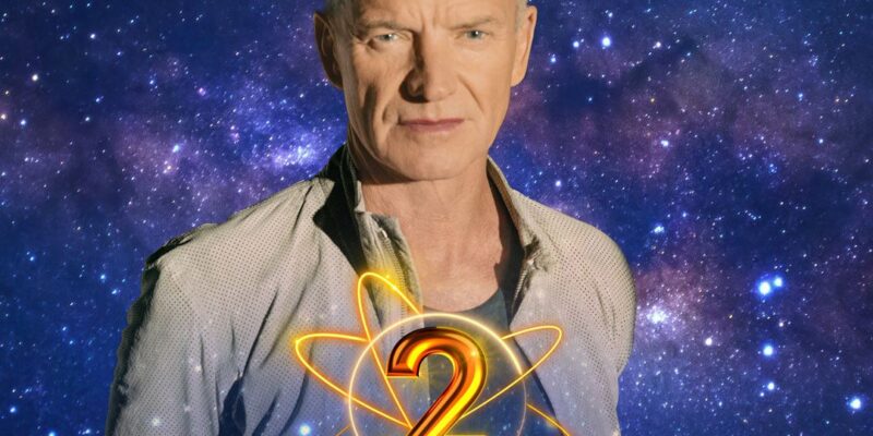 Plakat promujący „Sylwestra z Dwójką 2025” z wizerunkiem Stinga na tle gwiaździstego nieba, z napisem „Gwiazda Wieczoru Sting” oraz informacją o starcie wydarzenia o 19:50 w TVP2.