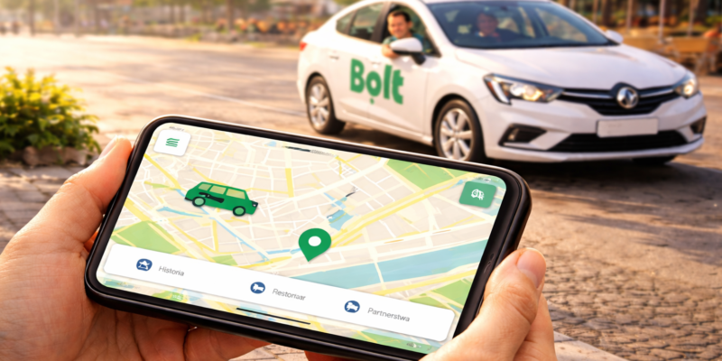 Zamawianie przejazdu Bolt w Oświęcimiu – smartfon z aplikacją Bolt na ekranie i oznakowany samochód Bolt zaparkowany na miejskiej ulicy.