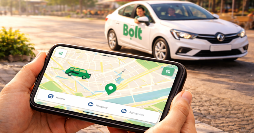 Zamawianie przejazdu Bolt w Oświęcimiu – smartfon z aplikacją Bolt na ekranie i oznakowany samochód Bolt zaparkowany na miejskiej ulicy.