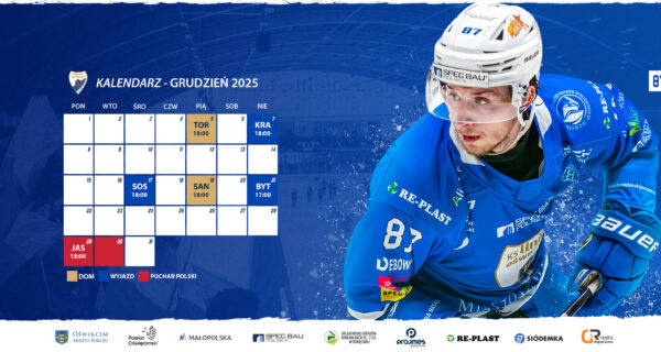 Terminarz grudniowych meczów Unii Oświęcim 2025 z grafiką klubową i zawodnikiem