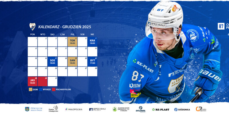Terminarz grudniowych meczów Unii Oświęcim 2025 z grafiką klubową i zawodnikiem