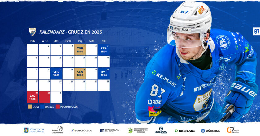 Terminarz grudniowych meczów Unii Oświęcim 2025 z grafiką klubową i zawodnikiem