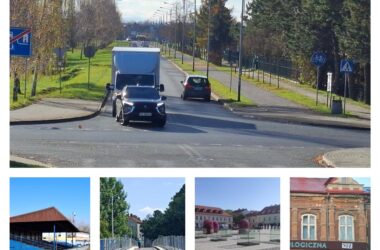 Kolaż inwestycji miejskich w Oświęcimiu: nowa i modernizowana infrastruktura drogowa, przebudowane trybuny stadionu, kładka pieszo-rowerowa, zrewitalizowany Rynek oraz odnawiana zabytkowa kamienica w centrum miasta.