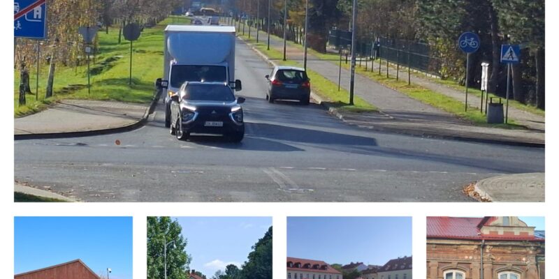 Kolaż inwestycji miejskich w Oświęcimiu: nowa i modernizowana infrastruktura drogowa, przebudowane trybuny stadionu, kładka pieszo-rowerowa, zrewitalizowany Rynek oraz odnawiana zabytkowa kamienica w centrum miasta.