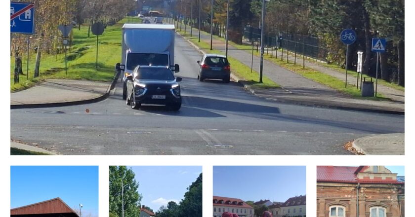 Kolaż inwestycji miejskich w Oświęcimiu: nowa i modernizowana infrastruktura drogowa, przebudowane trybuny stadionu, kładka pieszo-rowerowa, zrewitalizowany Rynek oraz odnawiana zabytkowa kamienica w centrum miasta.