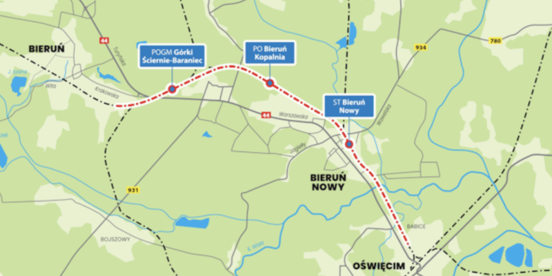 Mapa planowanej rewitalizacji linii kolejowej Orzesze Jaśkowice – Tychy – Bieruń – Oświęcim z zaznaczonym przebiegiem trasy oraz przystankami m.in. Bieruń Nowy, Bieruń Kopalnia i Ściernie-Baraniec.