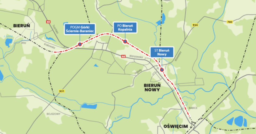 Mapa planowanej rewitalizacji linii kolejowej Orzesze Jaśkowice – Tychy – Bieruń – Oświęcim z zaznaczonym przebiegiem trasy oraz przystankami m.in. Bieruń Nowy, Bieruń Kopalnia i Ściernie-Baraniec.