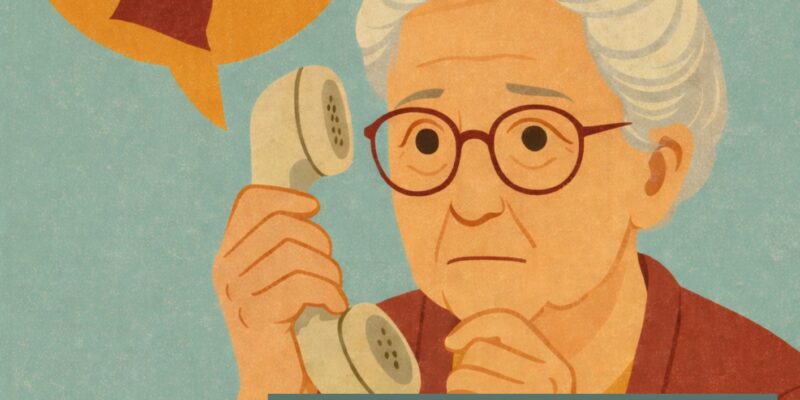 Ilustracja kampanii społecznej „Ustal z Babcią hasło” – starsza kobieta trzyma słuchawkę telefonu i wygląda na zaniepokojoną; nad jej głową dymek z profilem rozmówcy i symbolem sieci/technologii. Grafika informuje o kampanii inicjowanej przez I wicewojewodę małopolską Elżbietę Achinger, mającej chronić seniorów przed oszustwami telefonicznymi.