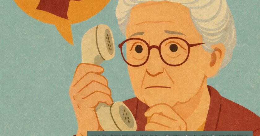 Ilustracja kampanii społecznej „Ustal z Babcią hasło” – starsza kobieta trzyma słuchawkę telefonu i wygląda na zaniepokojoną; nad jej głową dymek z profilem rozmówcy i symbolem sieci/technologii. Grafika informuje o kampanii inicjowanej przez I wicewojewodę małopolską Elżbietę Achinger, mającej chronić seniorów przed oszustwami telefonicznymi.