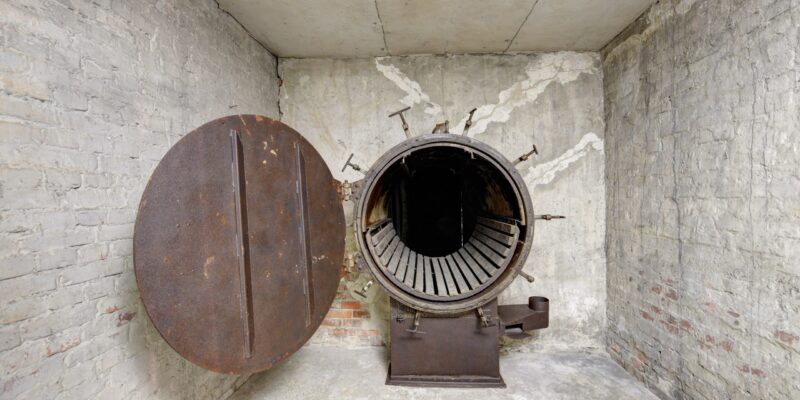 Wnętrze dawnej łaźni w Auschwitz II-Birkenau – otwarta metalowa komora dezynfekcyjna z okrągłymi drzwiami, widoczne ślady korozji i oryginalne elementy techniczne, surowe ceglane ściany i betonowa posadzka.