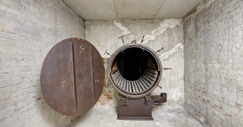 Wnętrze dawnej łaźni w Auschwitz II-Birkenau – otwarta metalowa komora dezynfekcyjna z okrągłymi drzwiami, widoczne ślady korozji i oryginalne elementy techniczne, surowe ceglane ściany i betonowa posadzka.