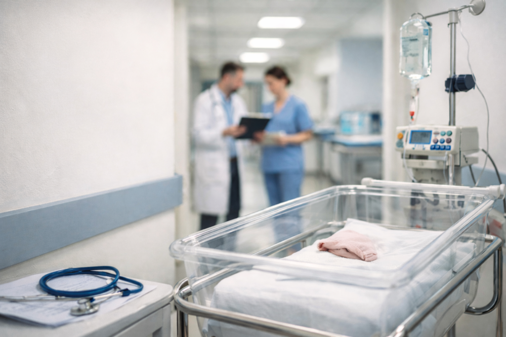 Oddział noworodkowy w szpitalu – inkubator z przygotowanym łóżeczkiem dla noworodka, kroplówka i aparatura medyczna na pierwszym planie. W tle, lekko nieostre sylwetki lekarza i pielęgniarki rozmawiających na szpitalnym korytarzu.