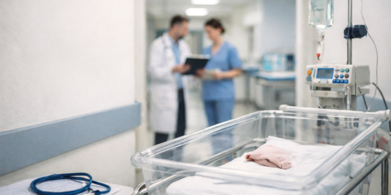 Oddział noworodkowy w szpitalu – inkubator z przygotowanym łóżeczkiem dla noworodka, kroplówka i aparatura medyczna na pierwszym planie. W tle, lekko nieostre sylwetki lekarza i pielęgniarki rozmawiających na szpitalnym korytarzu.