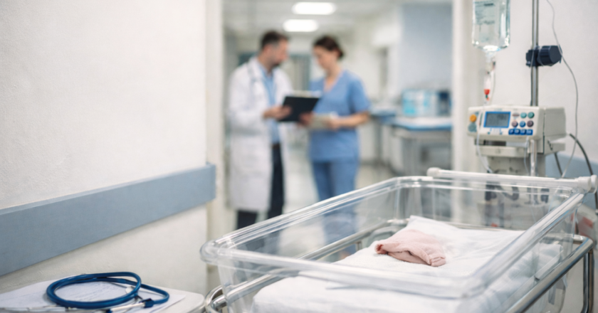 Oddział noworodkowy w szpitalu – inkubator z przygotowanym łóżeczkiem dla noworodka, kroplówka i aparatura medyczna na pierwszym planie. W tle, lekko nieostre sylwetki lekarza i pielęgniarki rozmawiających na szpitalnym korytarzu.