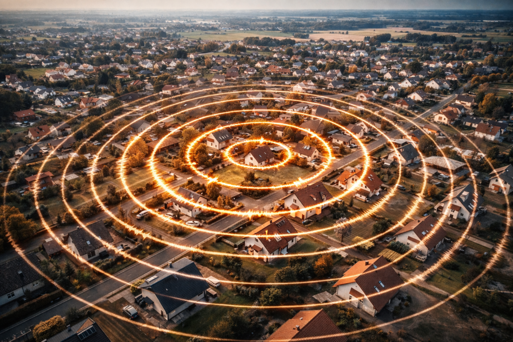 Widok z lotu ptaka na osiedle domów jednorodzinnych, nad którym nałożono koncentryczne kręgi symbolizujące fale sejsmiczne rozchodzące się od epicentrum wstrząsu, obrazujące wpływ wstrząsów górniczych na obszar zabudowany.