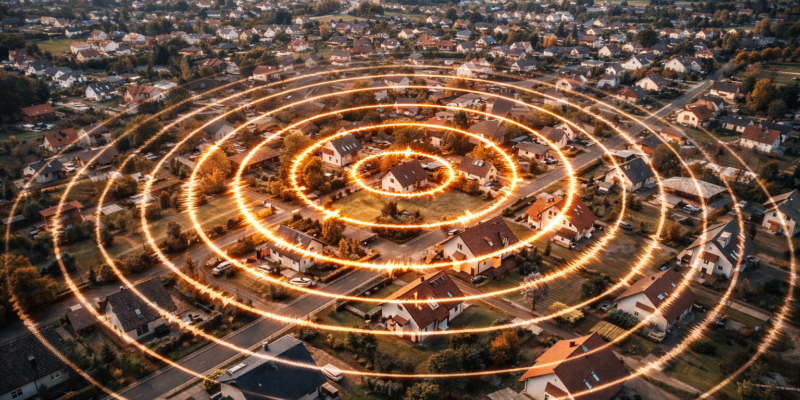 Widok z lotu ptaka na osiedle domów jednorodzinnych, nad którym nałożono koncentryczne kręgi symbolizujące fale sejsmiczne rozchodzące się od epicentrum wstrząsu, obrazujące wpływ wstrząsów górniczych na obszar zabudowany.