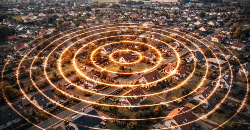 Widok z lotu ptaka na osiedle domów jednorodzinnych, nad którym nałożono koncentryczne kręgi symbolizujące fale sejsmiczne rozchodzące się od epicentrum wstrząsu, obrazujące wpływ wstrząsów górniczych na obszar zabudowany.