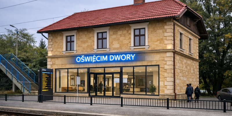 Wizualizacja dworca kolejowego Oświęcim Dwory po modernizacji – odnowiony, zabytkowy budynek z kamienną elewacją, przeszklonym parterem i podświetlonym napisem „OŚWIĘCIM DWORY”, widziany z peronu; koncepcja przygotowana z wykorzystaniem modeli AI.