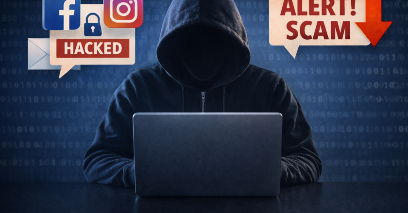 Grafika ostrzegawcza przed oszustwami internetowymi – sylwetka hakera przy laptopie oraz ikony Facebooka i Instagrama z komunikatem „Hacked” i „Alert! Scam”.