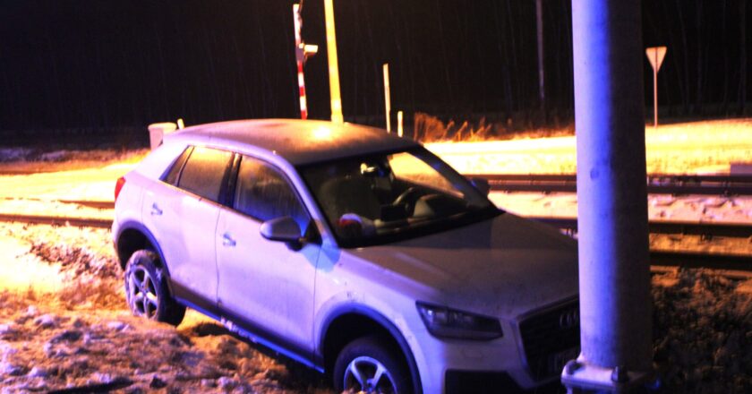Samochód osobowy marki Audi po kolizji przy przejeździe kolejowym w Zatorze – auto stoi poza jezdnią, częściowo w śniegu, po uderzeniu w betonowy słup, nocne oświetlenie i widoczne tory kolejowe.