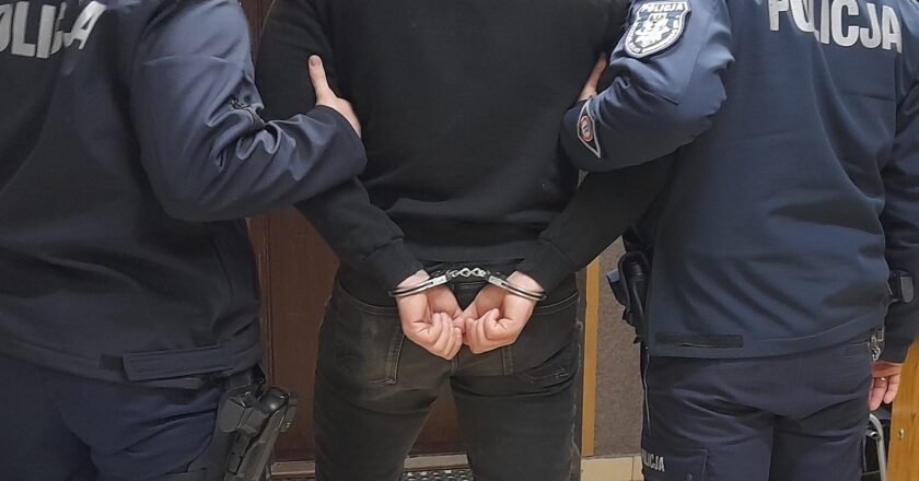 Zatrzymany mężczyzna w kajdankach, prowadzony przez dwóch policjantów w umundurowaniu, widok od tyłu w pomieszczeniu komendy Policji.