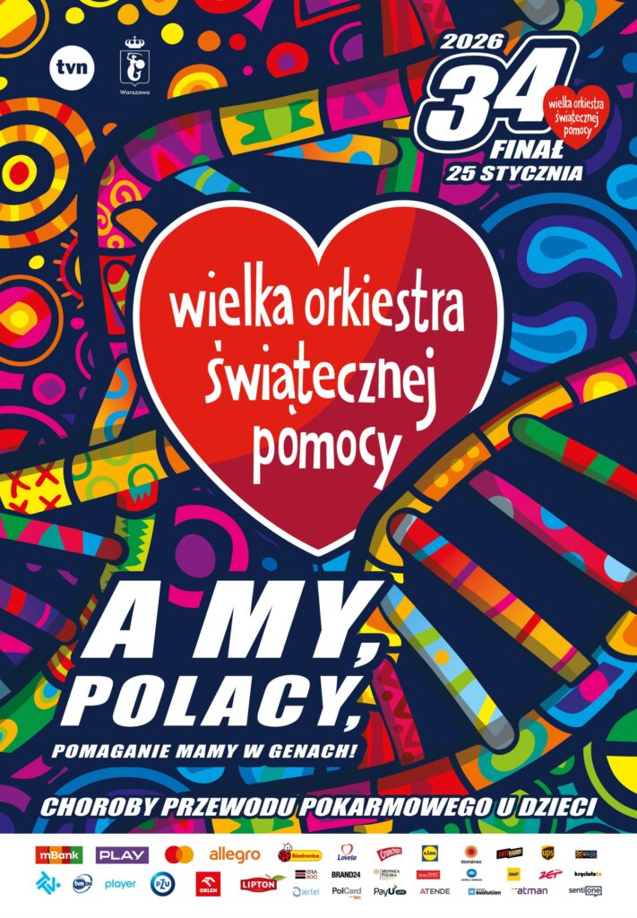 Plakat 34. Finału Wielkiej Orkiestry Świątecznej Pomocy 2026 – kolorowa grafika z czerwonym sercem WOŚP, datą 25 stycznia, hasłem „A my, Polacy, pomaganie mamy w genach!” oraz informacją o wsparciu leczenia chorób przewodu pokarmowego u dzieci.