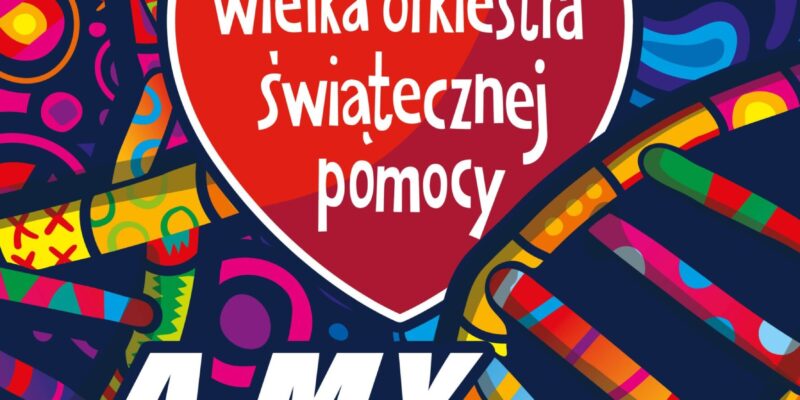 Plakat 34. Finału Wielkiej Orkiestry Świątecznej Pomocy 2026 – kolorowa grafika z czerwonym sercem WOŚP, datą 25 stycznia, hasłem „A my, Polacy, pomaganie mamy w genach!” oraz informacją o wsparciu leczenia chorób przewodu pokarmowego u dzieci.